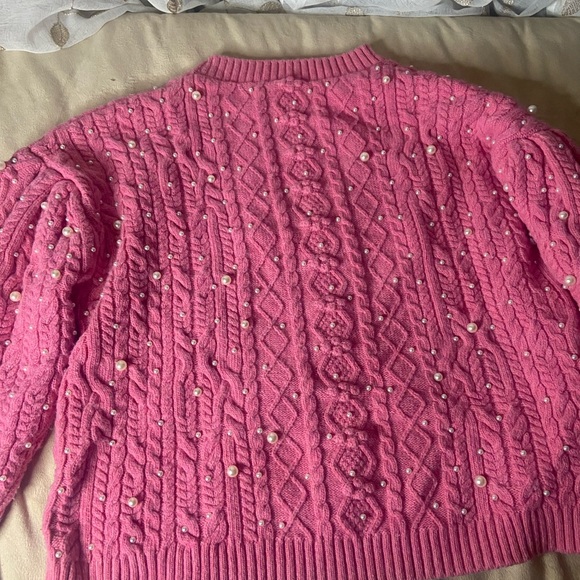 Something Navy Pink Cable Knit Sweater with Pearl Accents - Picture 7 of 9